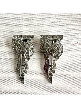 Art Deco Paste Rhinestone Fur Clips Pair Silver Tone Scrollwork 1930s